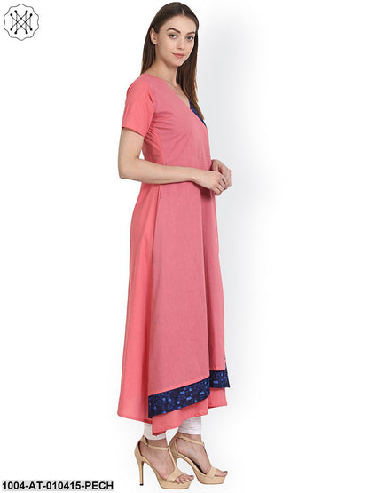 Women Solid Peach Short Sleeves V-Neck Cotton A-Line Kurta
