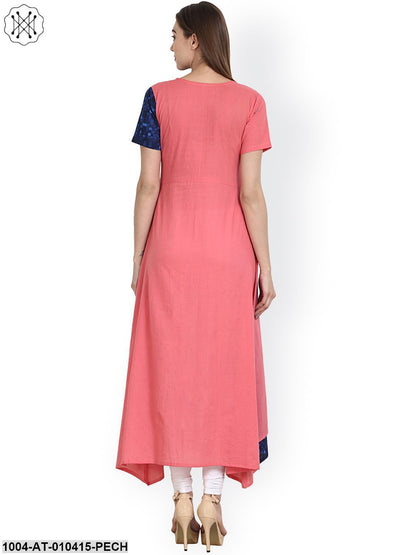 Women Solid Peach Short Sleeves V-Neck Cotton A-Line Kurta