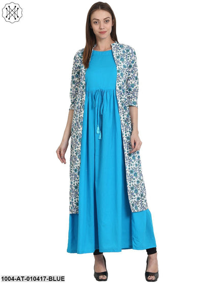 Women Printed Blue Short Sleeves Round Neck Cotton Anarkali Kurta