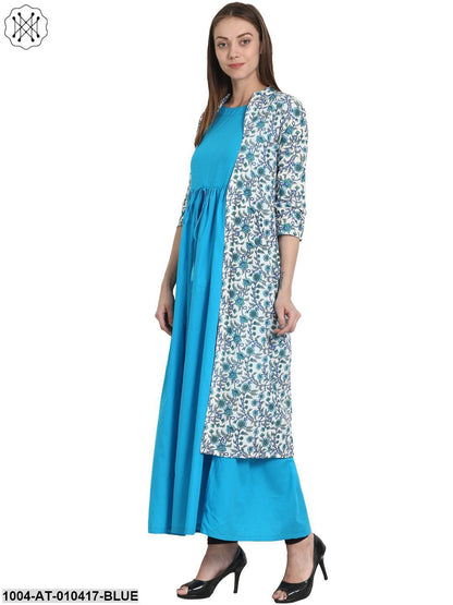 Women Printed Blue Short Sleeves Round Neck Cotton Anarkali Kurta