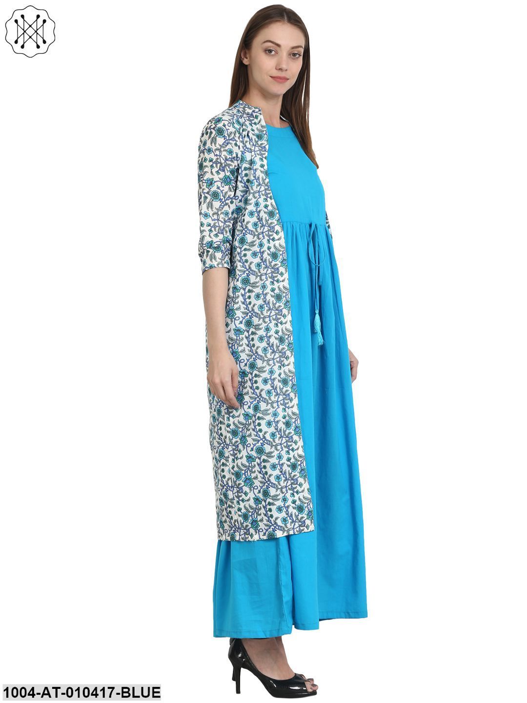 Women Printed Blue Short Sleeves Round Neck Cotton Anarkali Kurta