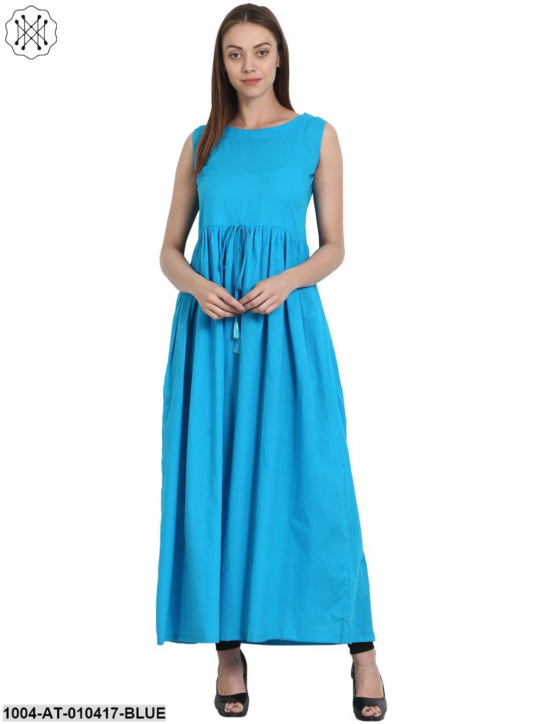 Women Printed Blue Short Sleeves Round Neck Cotton Anarkali Kurta