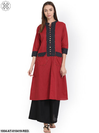 Women Solid Red Three-Quarter Sleeves Mandarin Collar Cotton Straight Kurta