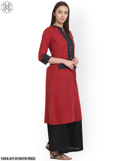 Women Solid Red Three-Quarter Sleeves Mandarin Collar Cotton Straight Kurta