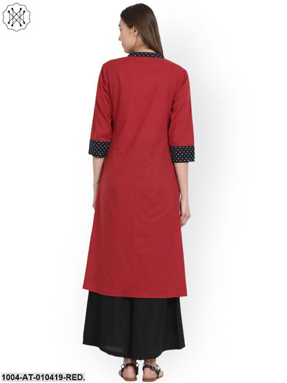 Women Solid Red Three-Quarter Sleeves Mandarin Collar Cotton Straight Kurta