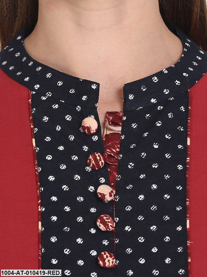 Women Solid Red Three-Quarter Sleeves Mandarin Collar Cotton Straight Kurta