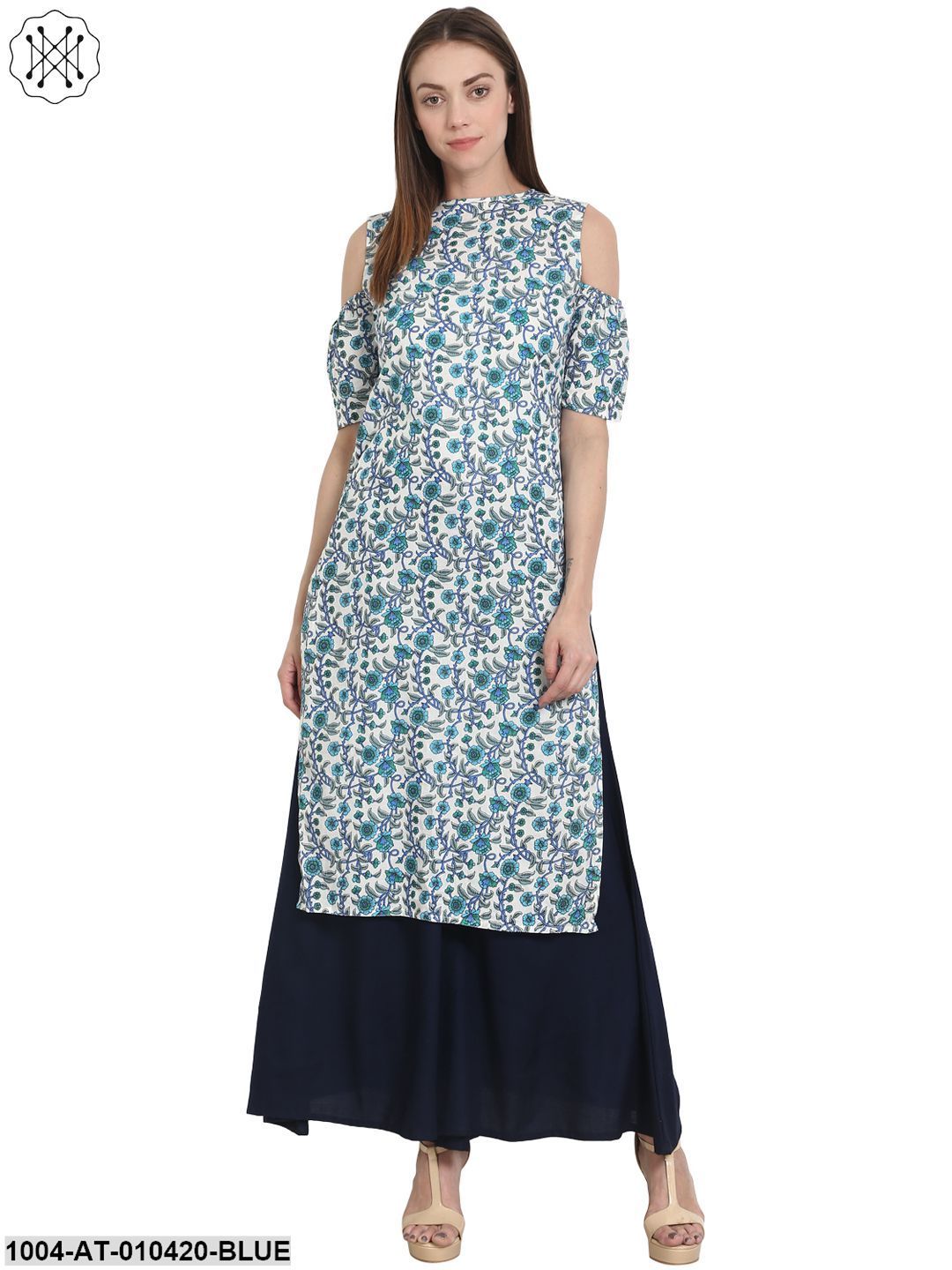 Women Printed Blue Short Sleeves Round Neck Cotton Straight Kurta