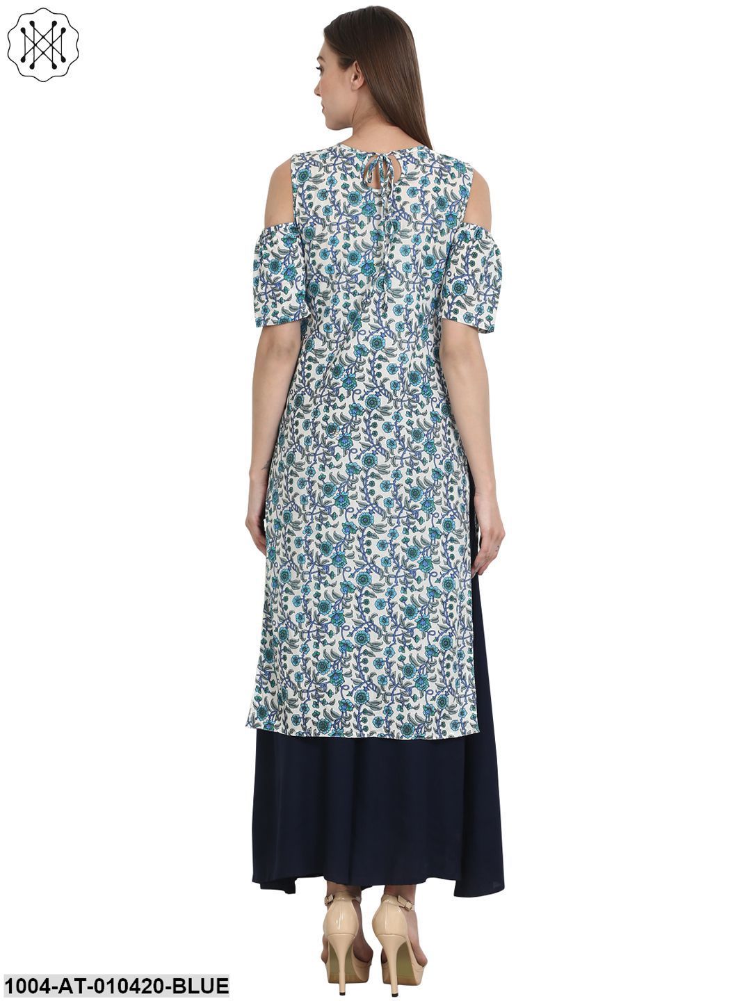 Women Printed Blue Short Sleeves Round Neck Cotton Straight Kurta
