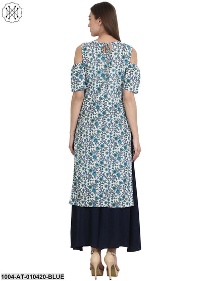 Women Printed Blue Short Sleeves Round Neck Cotton Straight Kurta