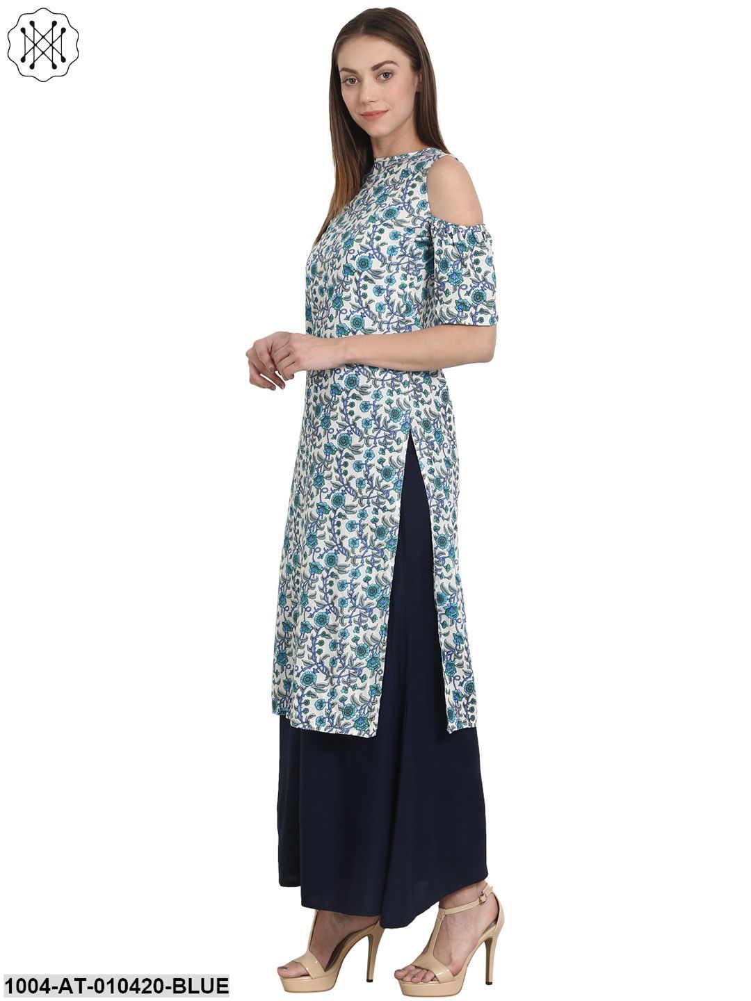 Women Printed Blue Short Sleeves Round Neck Cotton Straight Kurta