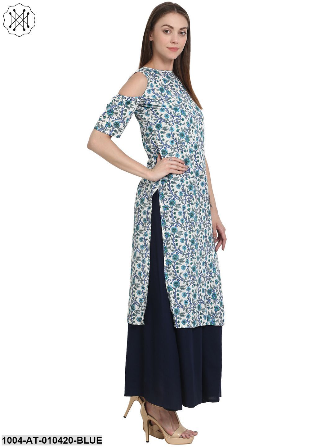 Women Printed Blue Short Sleeves Round Neck Cotton Straight Kurta