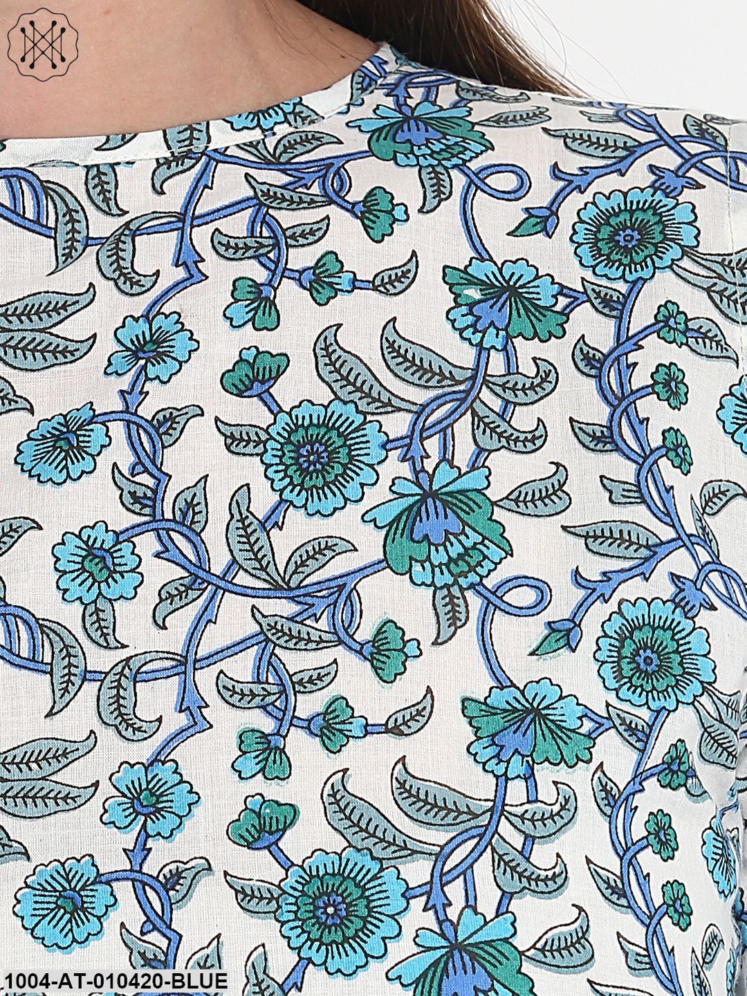 Women Printed Blue Short Sleeves Round Neck Cotton Straight Kurta