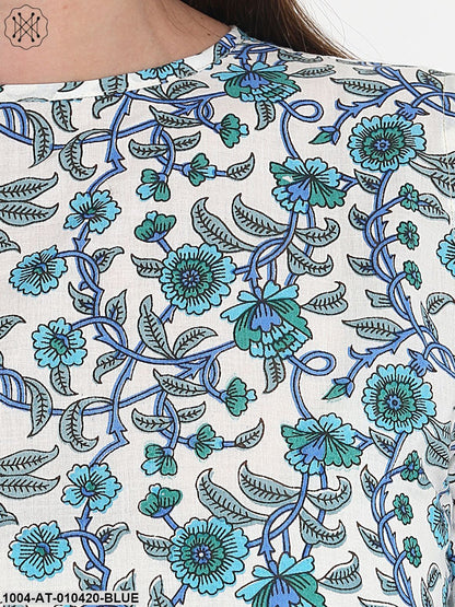 Women Printed Blue Short Sleeves Round Neck Cotton Straight Kurta