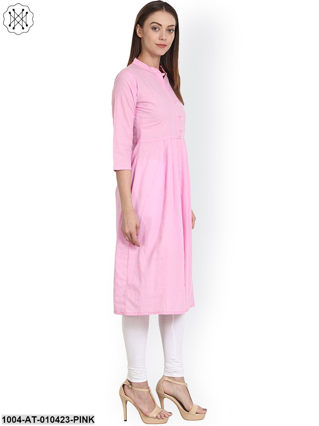 Women Printed Pink Three-Quarter Sleeves Mandarin Collar Cotton Anarkali Kurta