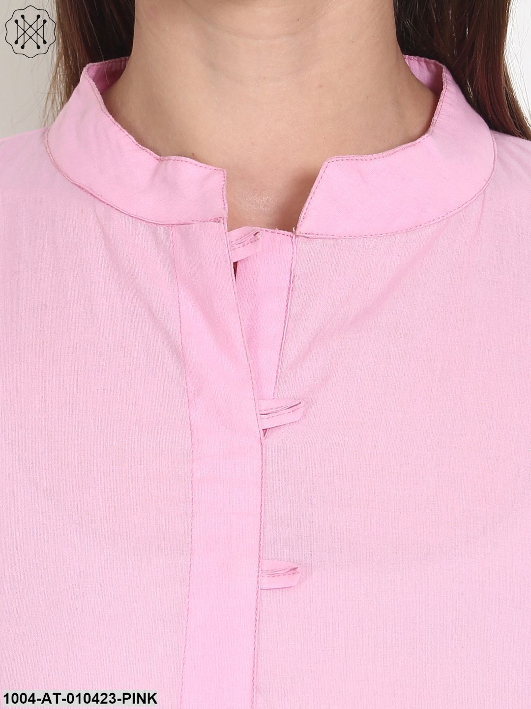 Women Printed Pink Three-Quarter Sleeves Mandarin Collar Cotton Anarkali Kurta
