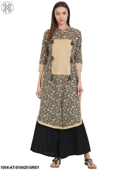 Women Printed Grey Three-Quarter Sleeves Mandarin Collar Cotton Straight Kurta