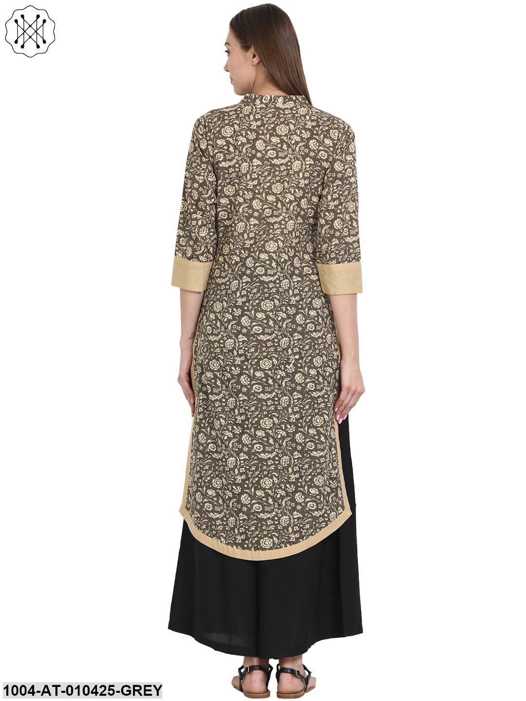 Women Printed Grey Three-Quarter Sleeves Mandarin Collar Cotton Straight Kurta