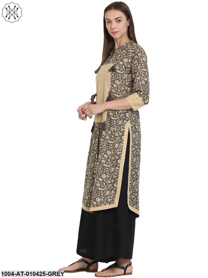 Women Printed Grey Three-Quarter Sleeves Mandarin Collar Cotton Straight Kurta
