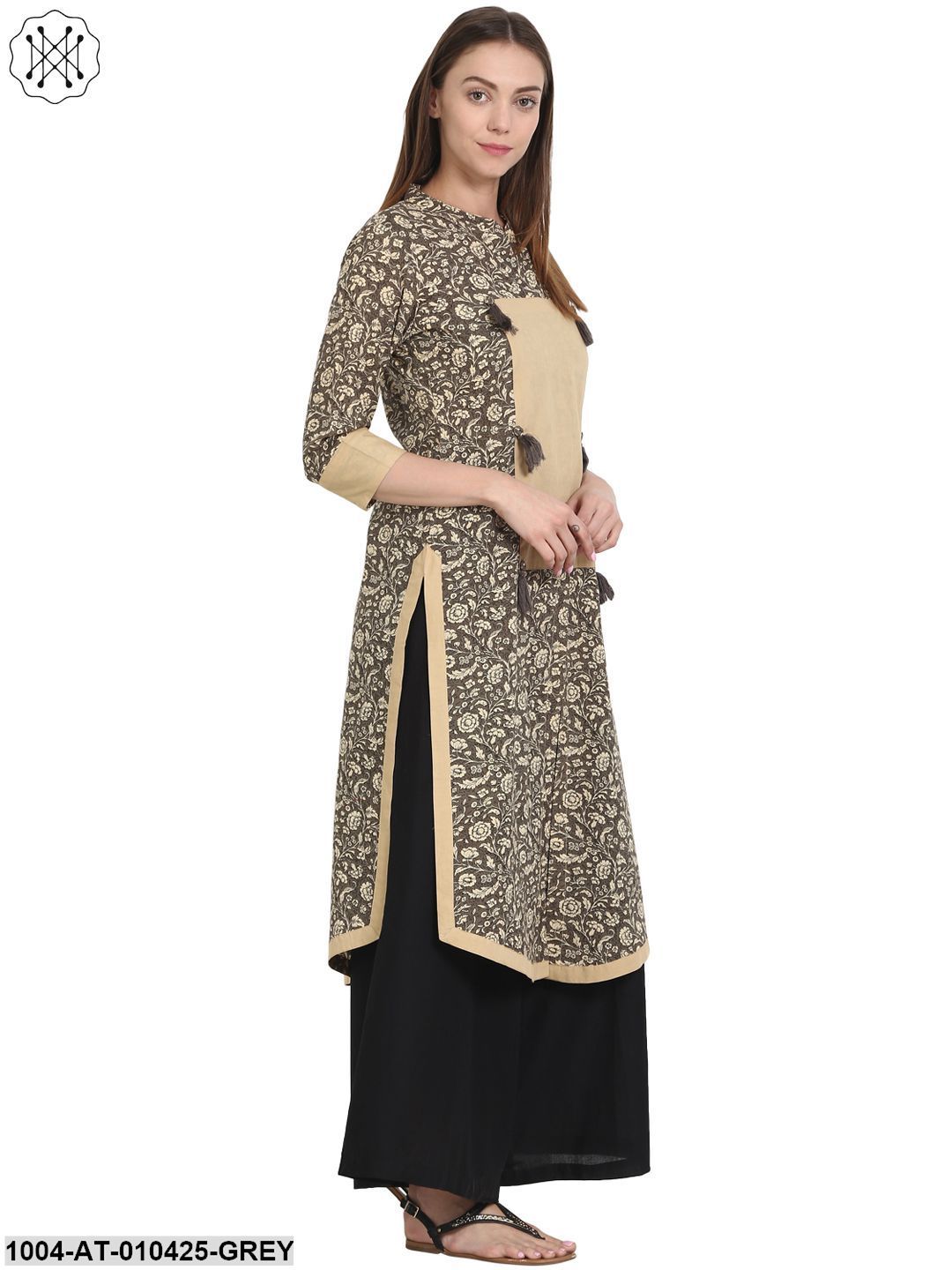 Women Printed Grey Three-Quarter Sleeves Mandarin Collar Cotton Straight Kurta