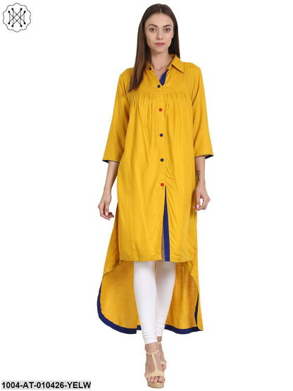 Women Printed Yellow Three-Quarter Sleeves Shirt Collar Rayon Straight Kurta