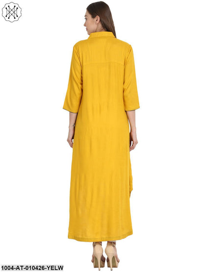 Women Printed Yellow Three-Quarter Sleeves Shirt Collar Rayon Straight Kurta