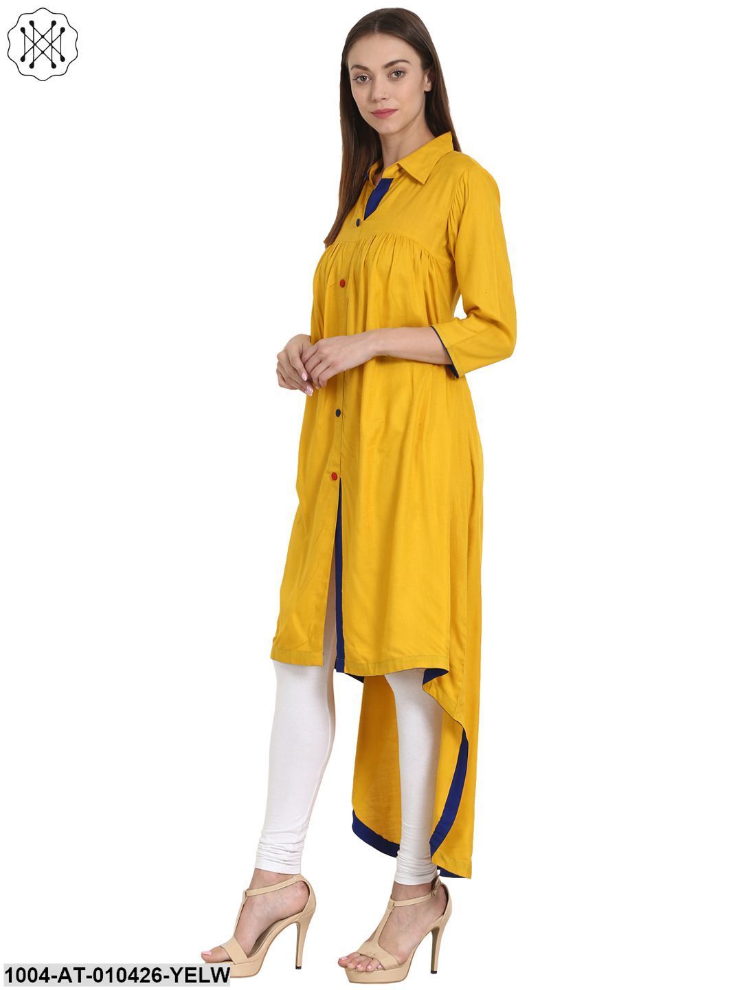 Women Printed Yellow Three-Quarter Sleeves Shirt Collar Rayon Straight Kurta