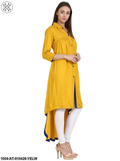 Women Printed Yellow Three-Quarter Sleeves Shirt Collar Rayon Straight Kurta