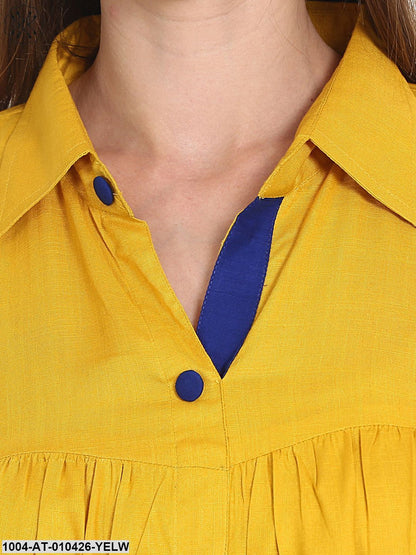 Women Printed Yellow Three-Quarter Sleeves Shirt Collar Rayon Straight Kurta