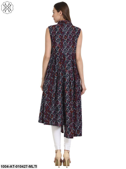 Women Printed Multi Sleeveless Shirt Collar Cotton Anarkali Kurta