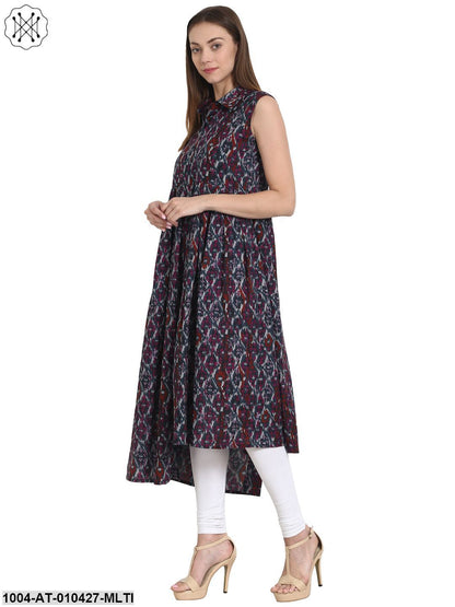Women Printed Multi Sleeveless Shirt Collar Cotton Anarkali Kurta