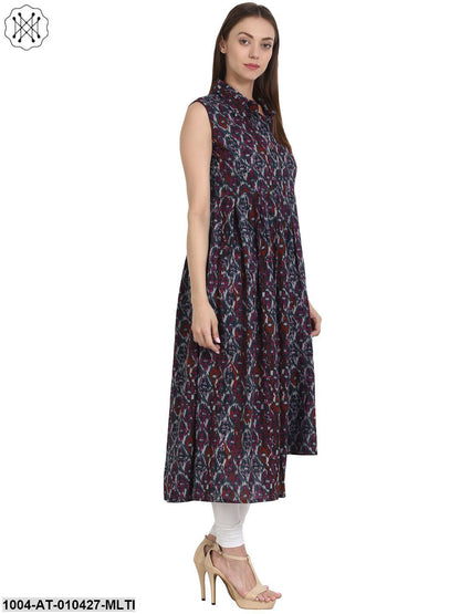 Women Printed Multi Sleeveless Shirt Collar Cotton Anarkali Kurta
