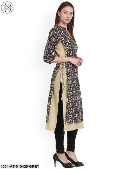 Women Printed Grey Three-Quarter Sleeves Mandarin Collar Cotton Straight Kurta