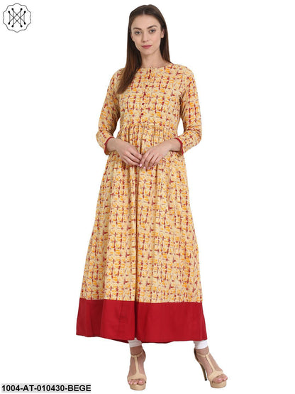Women Printed Beige Three-Quarter Sleeves Round Neck Cotton A-Line Kurta
