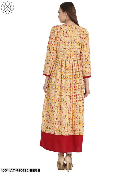 Women Printed Beige Three-Quarter Sleeves Round Neck Cotton A-Line Kurta