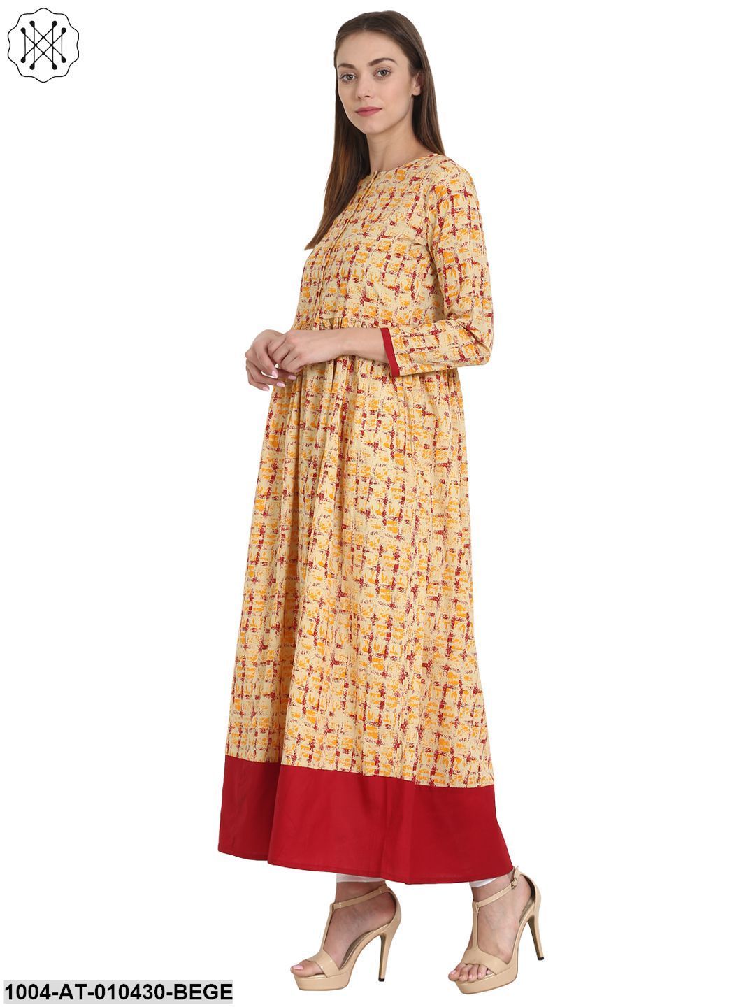 Women Printed Beige Three-Quarter Sleeves Round Neck Cotton A-Line Kurta