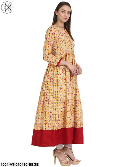 Women Printed Beige Three-Quarter Sleeves Round Neck Cotton A-Line Kurta