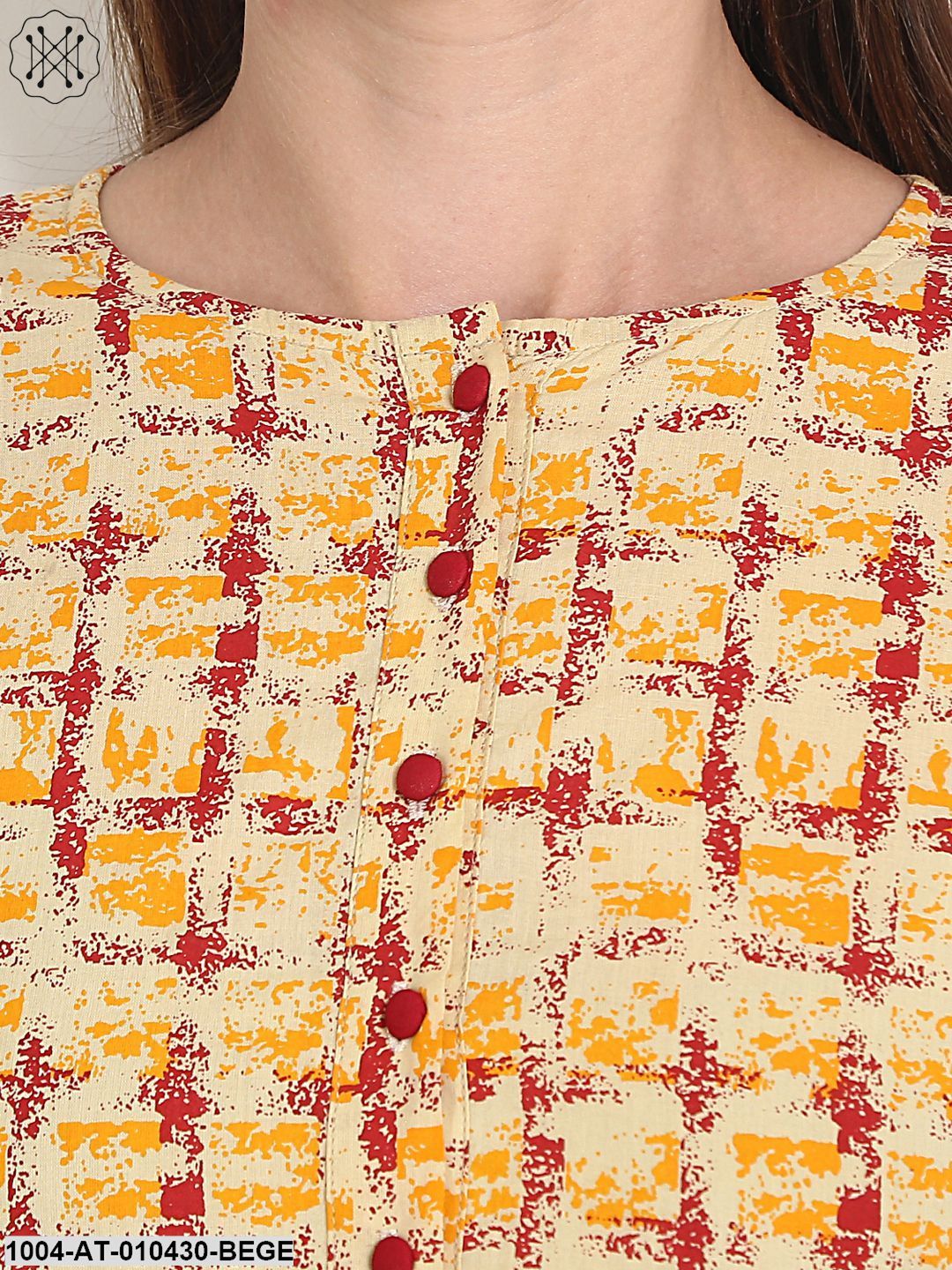 Women Printed Beige Three-Quarter Sleeves Round Neck Cotton A-Line Kurta