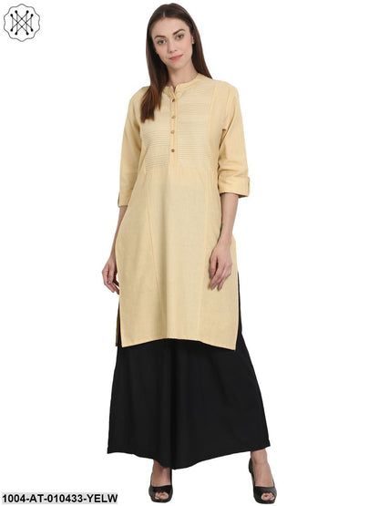 Women Solid Yellow Three-Quarter Sleeves Mandarin Collar Cotton Straight Kurta