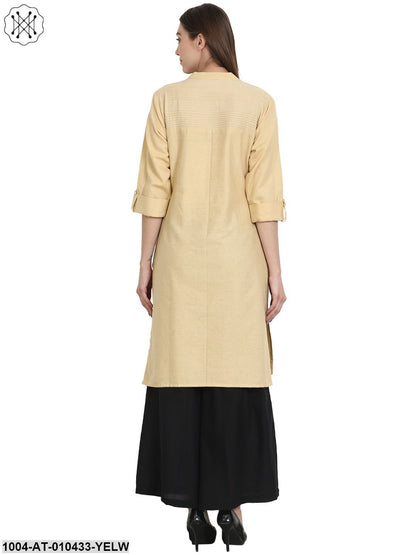 Women Solid Yellow Three-Quarter Sleeves Mandarin Collar Cotton Straight Kurta