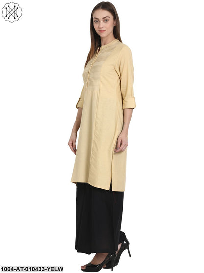 Women Solid Yellow Three-Quarter Sleeves Mandarin Collar Cotton Straight Kurta