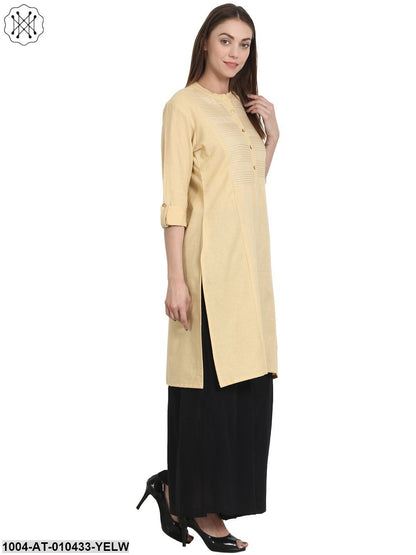 Women Solid Yellow Three-Quarter Sleeves Mandarin Collar Cotton Straight Kurta