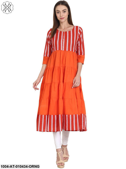 Women Printed Orange Three-Quarter Sleeves Round Neck Cotton Anarkali Kurta