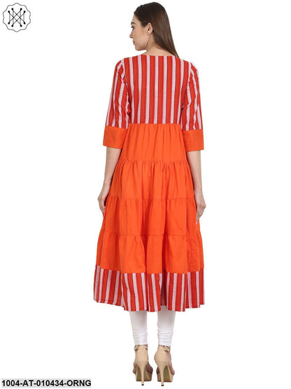 Women Printed Orange Three-Quarter Sleeves Round Neck Cotton Anarkali Kurta
