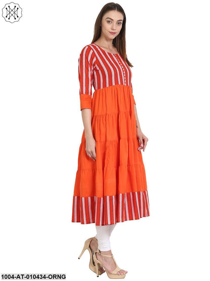 Women Printed Orange Three-Quarter Sleeves Round Neck Cotton Anarkali Kurta