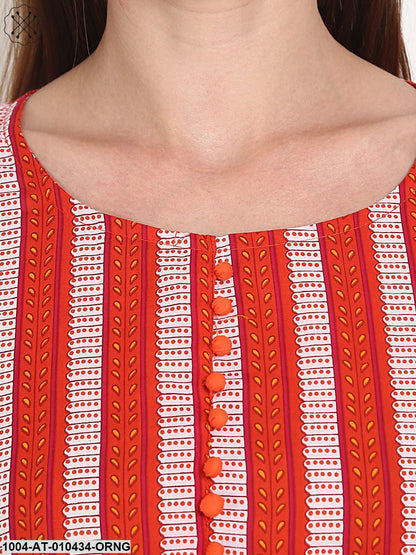 Women Printed Orange Three-Quarter Sleeves Round Neck Cotton Anarkali Kurta