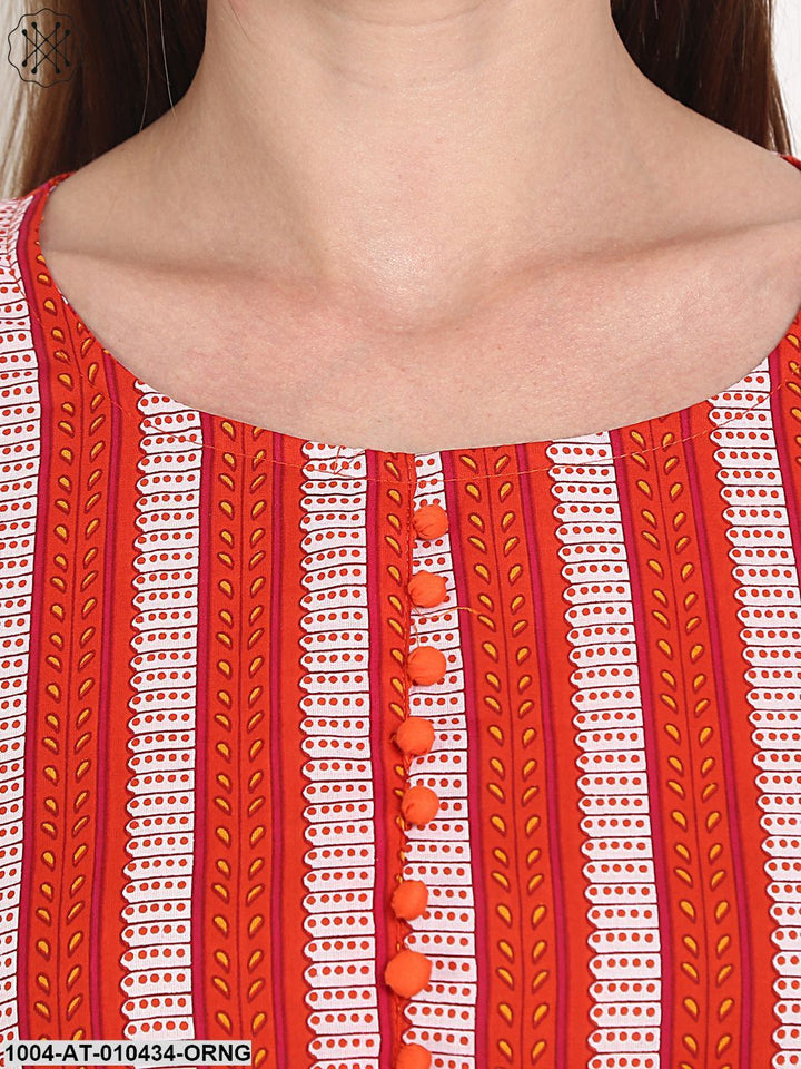 Women Printed Orange Three-Quarter Sleeves Round Neck Cotton Anarkali Kurta