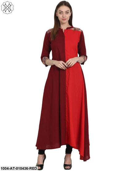 Women Solid Red Three-Quarter Sleeves Mandarin Collar Cotton Anarkali Kurta