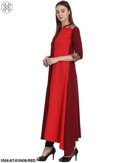 Women Solid Red Three-Quarter Sleeves Mandarin Collar Cotton Anarkali Kurta