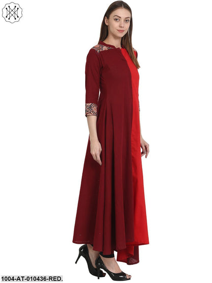 Women Solid Red Three-Quarter Sleeves Mandarin Collar Cotton Anarkali Kurta