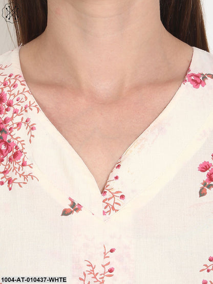 Women Printed White Three-Quarter Sleeves V-Neck Cotton A-Line Kurta